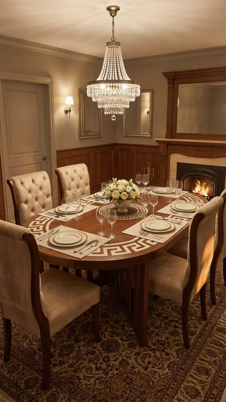 Greek Key Inlay Dining Set – Beige/Champagne