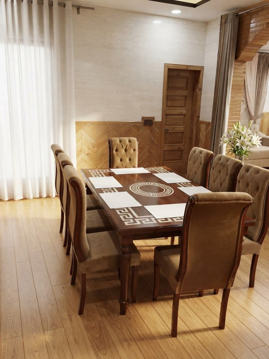 Greek Key Inlay Dining Set – Olive/Mustard