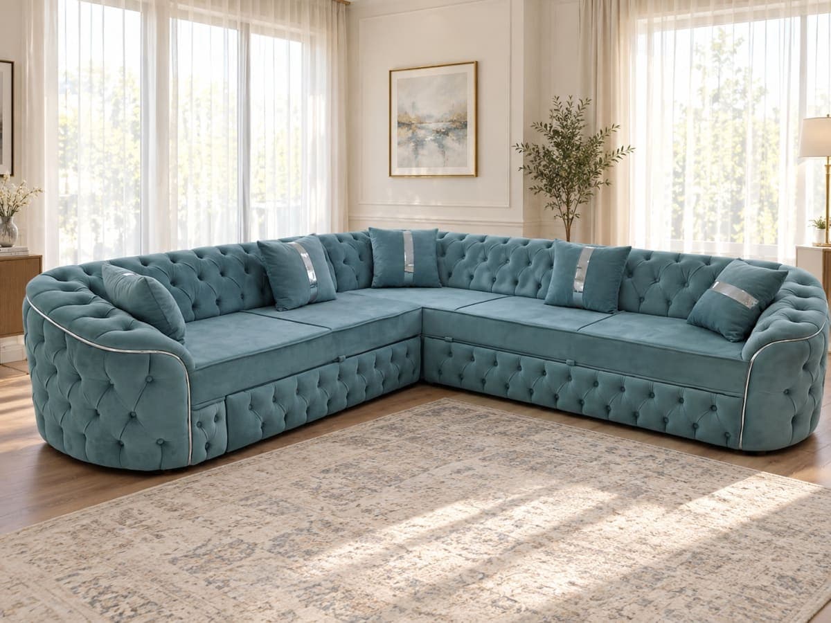 Curved Teal L-Shape Sofa