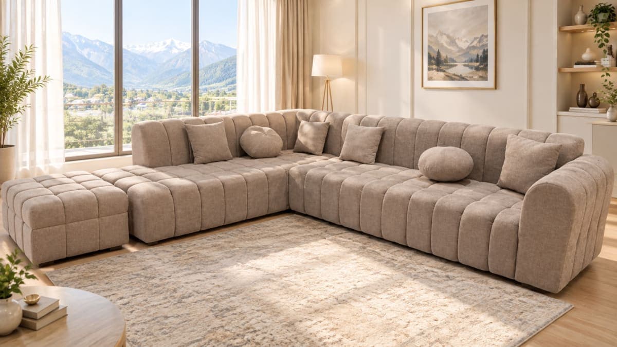 Channel Tufted Taupe L-Shape Sofa