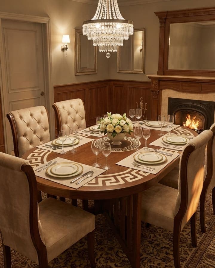 Greek Key Inlay Dining Set – Beige/Champagne